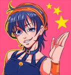  bare_shoulders blue_eyes blue_hair demon_(02030108) hair_ornament jojo_no_kimyou_na_bouken looking_at_viewer male_focus narancia_ghirga open_mouth pink_background simple_background smile solo star 