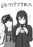  bangs blunt_bangs braid female_admiral_(kantai_collection) greyscale highres kantai_collection kitakami_(kantai_collection) long_hair military military_uniform monochrome multiple_girls naval_uniform niwatazumi school_uniform serafuku tatebayashi_sakurako translated uniform v 