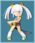  alice_vysochina bangs belt blunt_bangs blush_stickers chibi clover eyepatch four-leaf_clover grey_eyes long_hair lowres original shoes shorts sneakers socks solo sword tank_top twintails weapon white_hair 