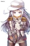  alternate_costume blue_eyes blush cosplay danbo_(rock_clime) epaulettes gloves hibiki_(kantai_collection) highres kantai_collection katori_(kantai_collection) katori_(kantai_collection)_(cosplay) long_hair military military_uniform miniskirt necktie pantyhose silver_hair skirt solo uniform verniy_(kantai_collection) 