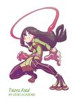  artist_request asui_tsuyu black_eyes black_hair bodysuit boku_no_hero_academia boots breasts character_name copyright_name frog_girl gloves green_bodysuit hair_rings long_hair long_tongue low-tied_long_hair medium_breasts monster_girl solo thigh_boots thighhighs tongue tongue_out very_long_tongue 