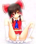  bangs blush brown_hair collared_shirt detached_sleeves hair_ribbon hair_tubes hakurei_reimu japanese_clothes lace lace-trimmed_ribbon miko mofupaka panties red_eyes ribbon shirt sitting smile solo spread_legs touhou tube_socks underwear white_legwear white_panties 