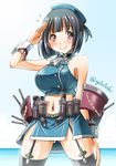  adapted_costume alternate_costume black_hair blue_sky blush breasts c: cloud cloudy_sky flying_sweatdrops garter_straps horizon kantai_collection large_breasts looking_at_viewer machinery miniskirt navel ocean red_eyes salute short_hair skirt sky smile sogabe_toshinori solo takao_(kantai_collection) thighhighs twitter_username zettai_ryouiki 