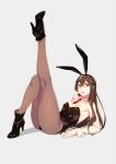  1girl animal_ears ass bangs bare_shoulders black_leotard blush breasts brown_hair brown_legwear bunny_ears bunnysuit collarbone commentary_request eyebrows_visible_through_hair fake_animal_ears full_body glasses green_eyes hair_between_eyes high_heels highres kantai_collection leg_up legs leotard long_hair looking_at_viewer lying necktie ooyodo_(kantai_collection) open_mouth pantyhose simple_background smile solo strapless strapless_leotard wrist_cuffs yuuji_(and) 