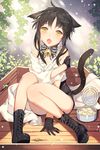  animal_ears bare_shoulders bell black_gloves black_hair boots bow can cat_ears cat_tail cross-laced_footwear fangs gearous gloves lace-up_boots leaf legs open_mouth plant short_hair sidelocks sita_vilosa sitting solo striped sword_girls tail vines yellow_eyes 