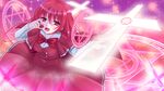  bow bowtie breasts capelet cross english food frilled_skirt frills fruit gradient gradient_background hand_up hexagram highres kougetsu_(gessyuukou) long_hair looking_at_viewer magic_circle medium_breasts okazaki_yumemi open_hand open_mouth red_capelet red_eyes red_hair short_hair skirt skirt_set solo sparkle strawberry touhou touhou_(pc-98) 