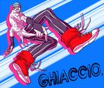  blue_hair blue_nails character_name demon_(02030108) ghiaccio glasses jojo_no_kimyou_na_bouken looking_at_viewer male_focus md5_mismatch nail_polish open_mouth pants shoes sneakers solo striped striped_pants text_focus vertical-striped_pants vertical_stripes 