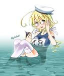  :d blonde_hair blue_eyes bow breasts cellphone glasses hair_bow hair_ribbon hat holding i-8_(kantai_collection) kantai_collection large_breasts long_hair looking_at_viewer low_twintails one-piece_swimsuit open_mouth partially_submerged phone ribbon school_swimsuit sitting smartphone smile sogabe_toshinori solo swimsuit thighhighs twintails white_legwear 