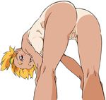  ass bandaid bandaid_on_pussy bent_over blonde_hair eyebrows hands_on_own_knees nude original short_hair simple_background solo tan tanline thick_eyebrows umanosuke white_background 