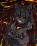  1girl animal_ears black_sclera dark_skin dog_ears dog_tail fire hellhound hellhound_(monster_girl_encyclopedia) monster_girl monster_girl_encyclopedia smile solo tail wolf_ears wolf_tail yellow_eyes 