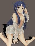  1girl bare_shoulders blue_hair breasts female flat_chest idolmaster kisaragi_chihaya long_hair looking_at_viewer nude open_clothes purple_eyes sitting small_breasts solo yuki_tarou 