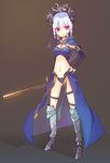  armor armored_boots bangs blue_background blue_hair boots bow bridal_gauntlets brown_background capelet demon_girl demon_horns elbow_gloves frown full_body gloves gradient gradient_background groin hair_bow hand_on_hip high_heels holding holding_sword holding_weapon horns jakoujika looking_at_viewer midriff navel original parted_lips ponytail purple_eyes shadow sheath sheathed short_hair sketch solo standing sword tareme thigh_strap weapon 