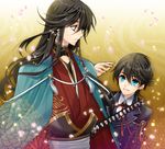  black_hair blue_eyes cherry_blossoms haori height_difference honmuraryou horikawa_kunihiro izumi-no-kami_kanesada japanese_clothes katana long_hair male_focus multiple_boys petals sword touken_ranbu very_long_hair weapon 