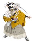  bishounen clenched_teeth dirty full_body gloves hakama highres ipev japanese_clothes katana kogitsunemaru long_hair low-tied_long_hair male_focus official_art partly_fingerless_gloves red_eyes sandals sheath solo standing sword tabi teeth torn_clothes touken_ranbu transparent_background very_long_hair weapon 