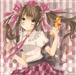  :o brown_eyes brown_hair cellphone checkered checkered_background checkered_skirt frilled_ribbon frilled_shirt_collar frilled_skirt frills hair_ribbon hat heart himekaidou_hatate necktie phone ribbon sash senju_(uroakono) shadow skirt solo striped striped_background tokin_hat touhou twintails vertical-striped_background vertical_stripes 