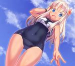  :d \||/ adjusting_hair bad_id bad_pixiv_id blonde_hair blue_eyes blue_sky cloud covered_navel crop_top day dutch_angle flower from_below hair_flower hair_ornament hair_tucking hibiscus kantai_collection knees_touching long_hair looking_at_viewer one-piece_swimsuit open_mouth ro-500_(kantai_collection) sailor_collar school_swimsuit sky smile swimsuit swimsuit_under_clothes thigh_gap wristband yukimura_tsubame 