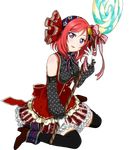  bow candy candy_wrapper detached_sleeves food full_body holding lollipop looking_at_viewer love_live! love_live!_school_idol_festival love_live!_school_idol_project nishikino_maki official_art parted_lips polka_dot red_eyes red_hair ribbon short_hair sitting smile solo thighhighs third-party_edit transparent_background wariza zettai_ryouiki 