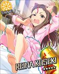  alarm_clock artist_request bare_legs barefoot bathrobe bed brown_hair card_(medium) character_name clock confetti d: dutch_angle feet idolmaster idolmaster_cinderella_girls koseki_reina long_hair official_art open_mouth purple_eyes robe short_messy_bangs soles solo sun_(symbol) surprised toes 