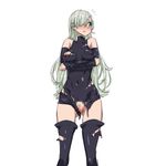  1girl black_legwear blue_eyes blush bodysuit breast_hold breasts crossed_arms detached_sleeves elizabeth_liones embarrassed female flying_sweatdrops grey_hair hair_over_one_eye long_hair nanatsu_no_taizai nipples open_mouth pubic_hair pussy simple_background solo thighhighs torn_clothes torn_thighhighs uncensored white_background yamada_(gotyui) 