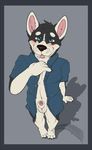  2015 anthro balls black_fur blue_eyes blush canine clothed clothing dog erection fur husky looking_at_viewer male mammal oliver_collins penis plain_background sheath siberian_husky smile solo standing taintedstar tongue tongue_out white_fur 