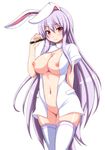  animal_ears blush breasts bunny_ears ebi_193 flashlight garter_straps large_breasts long_hair marisa_to_alice_no_cookie_storia naked_shirt nipples no_bra no_panties nurse purple_hair pussy red_eyes reisen_udongein_inaba revision shirt short_sleeves smile solo standing thighhighs touhou uncensored very_long_hair white_legwear 