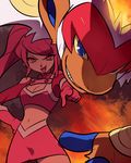  1girl artist_request breasts cano_(pokemon) cleavage devanohundosi evil_smile fire gloves grin infernape looking_at_viewer midriff navel pink_eyes pink_gloves pink_hair pink_skirt pixiv_manga_sample pointing pointing_at_viewer pokemon pokemon_(game) pokemon_ranger pokemon_ranger_vatonage skirt smile 