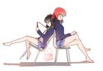  2girls bad_id bad_pixiv_id bare_legs barefoot black_hair blazer chair crossed_legs digital_media_player earbuds earphones jacket long_legs love_live! love_live!_school_idol_project multiple_girls nishikino_maki otonokizaka_school_uniform red_hair rocking_chair school_uniform signature sitting skirt yazawa_nico 