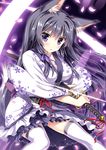  :o animal_ears black_hair blush breasts cherry_blossoms cleavage drawing_sword fox_ears fox_tail glint japanese_clothes kimono kitsune large_breasts long_hair original petals purple_eyes scabbard sheath solo sword tail tateha_(marvelous_grace) thighhighs unsheathing v-shaped_eyebrows weapon white_legwear 