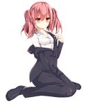  absurdres bad_id bad_pixiv_id bangs between_legs collared_shirt expressionless formal hand_between_legs highres inu_x_boku_ss jacket kurebayashi_noe off_shoulder pant_suit pink_hair red_eyes roromiya_karuta shirt simple_background sitting solo suit twintails wariza white_background 