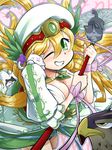  animal bird blonde_hair breasts cat cleavage dress eagle freyja_(p&amp;d) green_eyes grin hat holding jewelry large_breasts long_hair necklace one_eye_closed puffy_short_sleeves puffy_sleeves puzzle_&amp;_dragons short_sleeves smile solo staff tokkyuu_mikan 