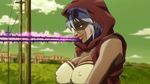  1girl animated animated_gif aura breast_lift breasts cleavage cloud erect_nipples hood jojo_no_kimyou_na_bouken large_breasts lowres mariah outdoors power_lines silver_hair sky stardust_crusaders sunglasses sunglasses_on_head thorns yellow_eyes 