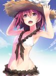  :d bikini black_eyes blush edogawa_nao hands_on_headwear hat highres miyanaga_teru navel open_mouth red_hair saki short_hair smile solo standing straw_hat swimsuit 