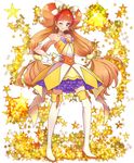  amanogawa_kirara bare_shoulders boots choker cure_twinkle earrings gloves go!_princess_precure hand_on_hip jewelry long_hair looking_at_viewer magical_girl md5_mismatch naokado one_eye_closed orange_hair petticoat precure purple_eyes solo star star_earrings starry_background thigh_boots thighhighs twintails white_footwear white_gloves white_legwear 