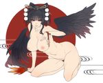  ban black_hair breasts dead_or_alive fan hair_ornament hauchiwa hime_cut inverted_nipples jpeg_artifacts large_breasts looking_at_viewer mole mole_under_mouth navel nipples nude nyotengu pubic_hair purple_eyes smile solo wings 