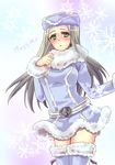  1girl blush boots coat commentary_request fur_boots fur_coat fur_hat fur_trim genderswap genderswap_(mtf) green_eyes hat jojo_no_kimyou_na_bouken long_hair massimo_volpe purple_haze_feedback solo thigh_boots thighhighs torikai vento_aureo white_hair winter_clothes zettai_ryouiki 