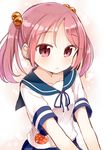  :&lt; blue_skirt blush collarbone frown hair_bobbles hair_ornament kantai_collection looking_at_viewer muku_(muku-coffee) pink_eyes pink_hair ribbon sazanami_(kantai_collection) school_uniform serafuku shirt short_hair short_sleeves skirt solo twintails two_side_up upper_body white_shirt 