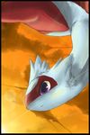  byuru cloud dragon female latias legendary_pok&eacute;mon nintendo outside pok&eacute;mon purple_eyes red_feathers sky smile solo sun video_games white_feathers 