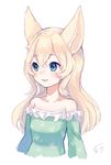  animal_ears artist_name bare_shoulders blonde_hair blue_eyes blush collarbone elin_(tera) frilled_shirt frills long_hair parted_lips sheep_sleep shirt signature solo tera_online upper_body white_background 