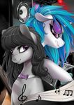  2015 absurd_res back_to_back black_hair blue_hair bow_tie cello duo equine female friendship_is_magic hair hi_res horn horse lights mammal musical_instrument my_little_pony octavia_(mlp) pony purple_eyes record_player santagiera speakers turntable unicorn vinyl_scratch_(mlp) 