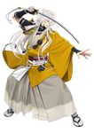  bishounen full_body gloves hakama highres ipev japanese_clothes katana kogitsunemaru long_hair low-tied_long_hair male_focus official_art parted_lips partly_fingerless_gloves red_eyes sandals sheath solo standing sword tabi touken_ranbu transparent_background very_long_hair weapon 