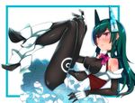  bad_id bad_pixiv_id bare_shoulders boots borrowed_character bow breasts detached_sleeves ears gloves green_hair hair_ornament high_heel_boots high_heels highres kyuuso_inukami large_breasts leg_up lying menou_kaname on_back original pink_eyes skin_tight solo 