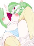  bob_cut breasts furry gardevoir green_hair hair_over_one_eye highres large_breasts multicolored_eyes nintendo nipples no_feet open_mouth panties pokemon puffy_nipples red_eyes short_hair slugbox solo striped striped_panties thick_thighs thighhighs thighs v_over_eye white_skin 