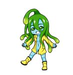  :d ahoge aoba_kino blue_skin boots chibi coat full_body goo_girl green_eyes green_hair huge_ahoge long_hair monster_girl monster_musume_no_iru_nichijou naked_coat navel open_clothes open_coat open_mouth raincoat rubber_boots simple_background smile solo suu_(monster_musume) tentacle_hair white_background yellow_footwear 