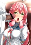  1girl akashi_(kantai_collection) bar_censor bdsm blush bondage bound breasts censored drooling f-rhine green_eyes headband heart heart-shaped_pupils hetero highres kantai_collection large_breasts looking_at_viewer open_mouth penis penis_on_face pink_hair saliva solo_focus symbol-shaped_pupils tongue tongue_out upper_body veins veiny_penis 