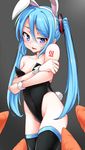  absurdres animal_ears blue_eyes blue_hair blush bunny_ears bunny_girl bunny_tail bunnysuit carrot crossed_arms hatsune_miku highres leotard long_hair sexually_suggestive solo sweat tail tattoo thighhighs tonbo_(11023) twintails vocaloid wrist_cuffs 