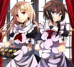  apron bad_id bad_pixiv_id baking_sheet blonde_hair blue_eyes braid brown_hair checkerboard_cookie club_(shape) cookie food hair_flaps hair_ornament hair_over_shoulder hair_ribbon hairclip heart highres hikamitiyo indoors kantai_collection looking_at_viewer multiple_girls oven_mitts red_eyes remodel_(kantai_collection) ribbon shigure_(kantai_collection) single_braid smile spade_(shape) star tray window yuudachi_(kantai_collection) 