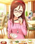  artist_request blush bowl brown_hair buffet chair chopsticks closed_eyes faceless food furusawa_yoriko glasses hairband holding holding_chopsticks idolmaster idolmaster_cinderella_girls indoors jewelry left-handed long_hair mole mole_under_eye necklace official_art open_mouth sitting solo_focus source_request table 