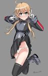  ahoge aqua_eyes blonde_hair kantai_collection koenza_botoke long_hair military military_uniform panties prinz_eugen_(kantai_collection) solo thighhighs twintails underwear uniform upskirt wavy_mouth white_panties 