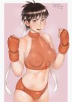  blush bra breasts brown_eyes brown_hair character_name copyright_name dated fingerless_gloves gloves halterneck headband highres kasugano_sakura looking_at_viewer medium_breasts open_mouth orange_bra orange_panties panties short_hair smile solo sports_bra standing street_fighter underwear underwear_only zenkou 