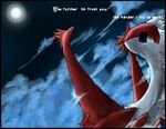  blue_eyes byuru cloud dragon english_text latias legendary_pok&eacute;mon moon night nintendo outside pok&eacute;mon red_feathers sad sky text video_games white_feathers 